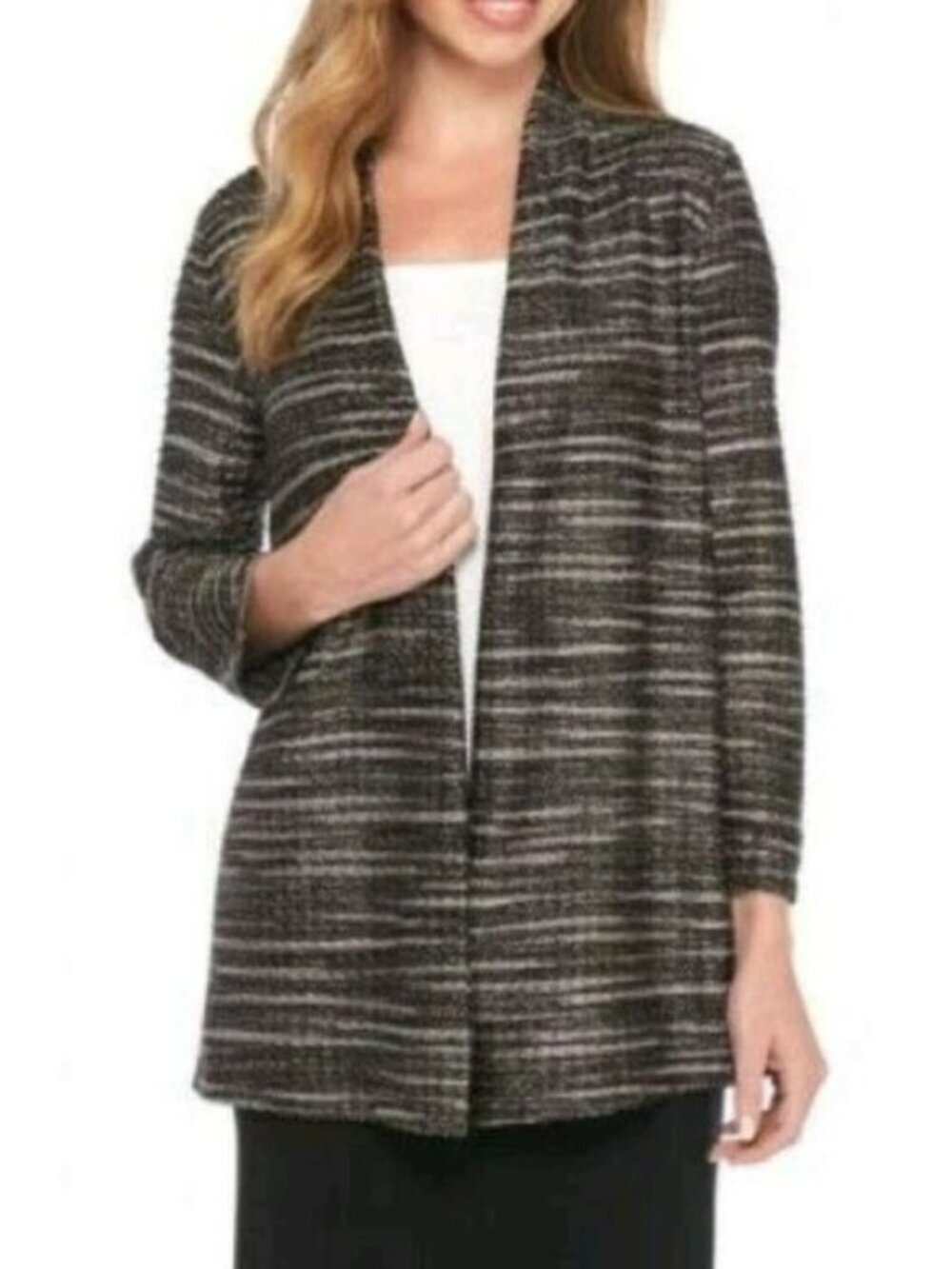 NWT Kasper Womens Open Front Cardigan 1X Black Multi Textured Knit Lightweight